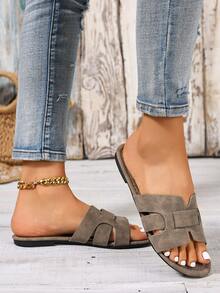 Ximi Ruo Korean Style Casual Flat Slide Sandals, Open Toe, Woven Roman Style, Suitable For Spring, Summer, Outdoor, Beach, Apartment, Brown Color, Flat Design, Versatile For Dresses - Camel - View 2