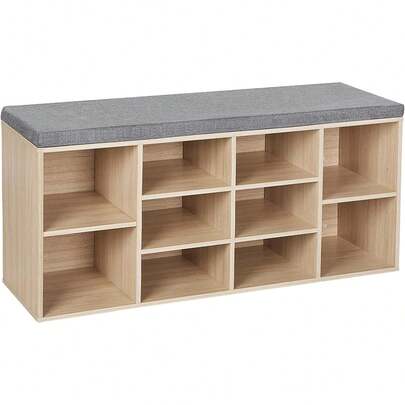 VASAGLE Shoe Bench, Shoe Rack, Storage Unit, 10 Compartments, With Cushion, For Entrance, 104 X 30 X 48 Cm, Oak LHS10NL