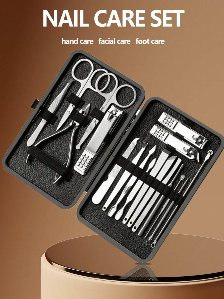 7-18pcs Black Stainless Steel Nail Clipper Set, Full Hand & Foot Care Tools, Eyebrow Scissors, Gift For Boyfriend With Portable Travel Case - Multicolor - View 1