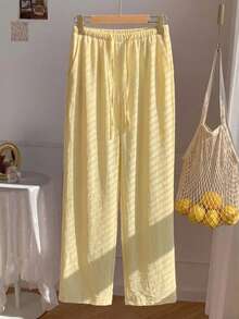 Women's Loose Drawstring Waist Wide Leg Pants, Lightweight Breathable Casual Trousers, Military Green, Summer - Light Yellow - View 3
