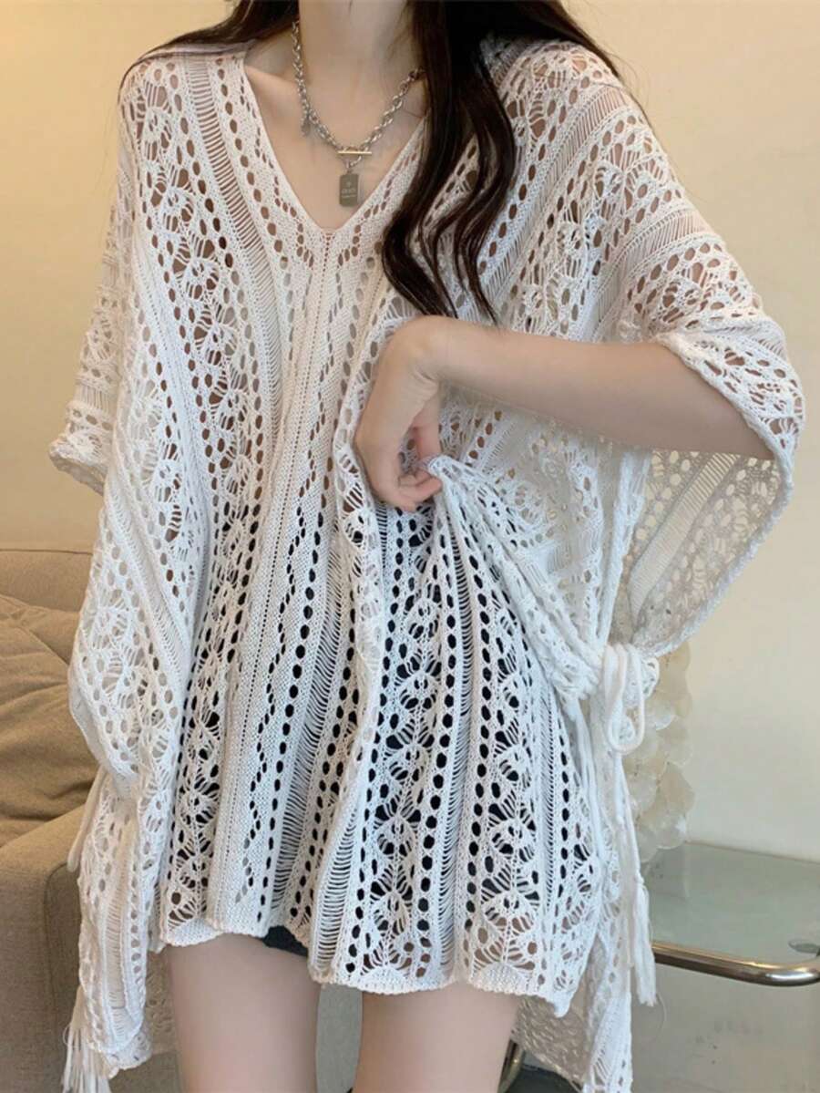 1pc New V-Neck Tie Waist Loose Boho Crochet Hollow Knit Geometric Pattern Polyester Cover Up, Summer,Beach,Holiday - Multicolor - View 1