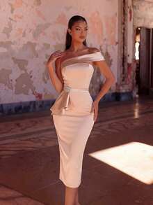 ADYCE Đầm dự tiệc cocktail bán trang trọng cho khách dự tiệc cưới, dự tiệc sinh nhật, tốt nghiệp, tiệc tối, tiệc về quê, váy đính đinh tán xẻ lưng thanh lịch - Màu be - Xem 3