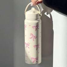 800ml Large Capacity Stainless Steel Insulated Water Bottle, Bowknot Pattern - Reusable Coffee Cup With Portable Handle And Foldable Straw - Perfect Holiday Gift For Family, Friends, Sisters, Girlfriends - Multicolor - View 9