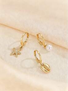 GEREIT 3pcs Asymmetric Beach Style Metal Faux Pearl Starfish Earring Set, Suitable For Women's Daily And Vacation Wear - Gold - View 4