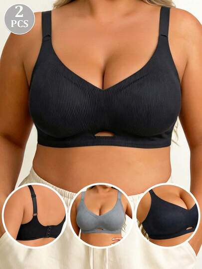 2pcs/Set Plus Size Women Comfortable Wireless Bra, Hollow-Out Solid Color Lift Up Underwear