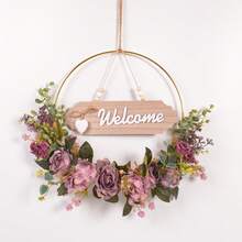 1pc Artificial Floral Wreath With Welcome Sign, Vine Leaf & Dahlia Flowers Decoration For Front Door, All Season Gifts Birthday Graduation - Multicolor - View 49
