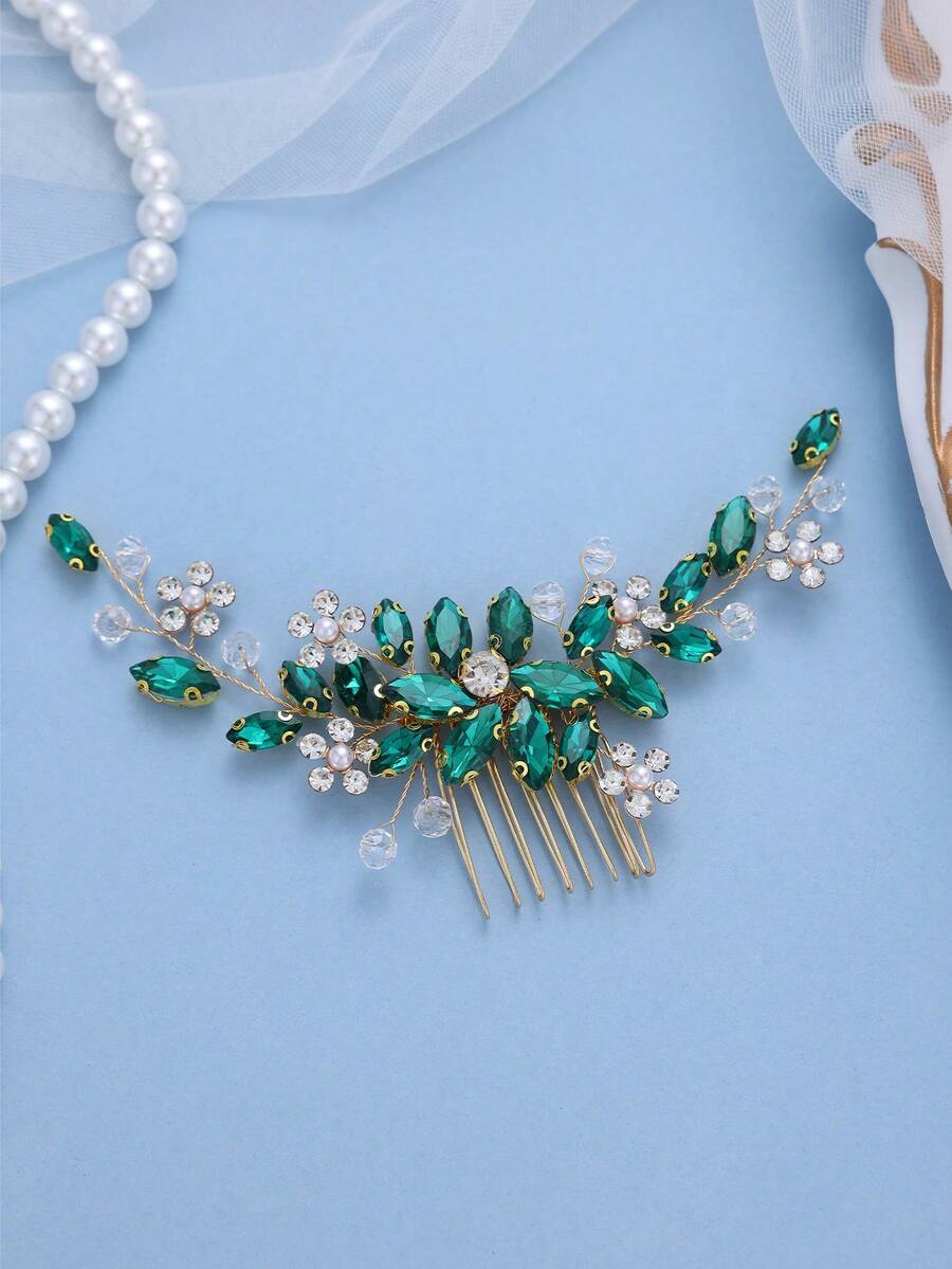 1pc Elegant Green Crystal & Faux Pearl Hair Comb, Bridal Wedding Flower Hair Clip, Emerald Green Headpiece For Gala Party,Festival,Birthday - Green - View 1
