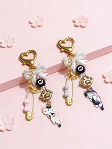 1pc Cute Cat Phone Charm Black Rope Beaded Key Chains Fashionable Bows Keyring Ornament For Phones Keys Bags - Bags - View 4