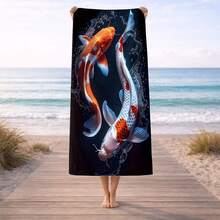 1pc Koi Fish Swimming Pattern Beach Blanket, Beach Mat, Portable Large Towel For Fitness, Swimming, And Travel, Beach Towel For Fitness And Sports Use At The Seaside, Shawl Wrap - White - View 1