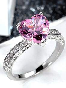 1 chiếc nhẫn hình trái tim màu hồng thời trang và thanh lịch, đính đá Cubic Zirconia, phù hợp với váy cưới và váy dạ hội. - Trái tim - Xem 7