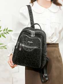 Mochila de mujer con estampado de leopardo, adecuada para el uso diario - Negro - Ver 2