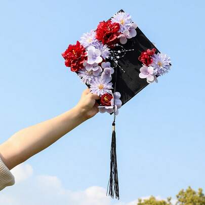 Decoración hecha a mano para birrete de graduación con peonía roja e hortensias púrpuras, decoración para birrete de graduación, regalo de graduación personalizado para fiesta de graduación universitaria y de escuela secundaria