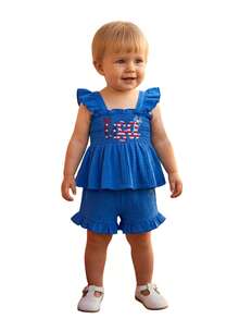 Toddler Baby Girl Patriotic Outfit Fashionable 4th Of July American Flag Embroidery Flying Sleeve Tops With Shorts 2Pcs Set - 藍色 - 查看 2