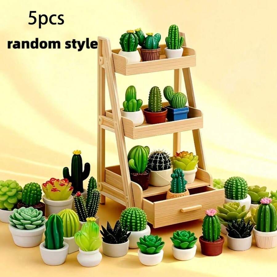 Miniature Landscape Decoration Artificial Plant Cactus Succulent Potted Plant Model, Living Room Scene Decor Model, Random Style - 5Pcs - View 1