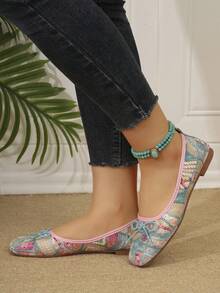 New Chinese Style Colorful Sequined Lace Square-Toe Flat Shoes For Women With Bow, Breathable And Retro Style, Perfect For Summer.,Ballet Flats - Multicolor - View 5