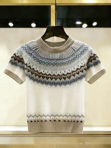 Suéter de cuello redondo de manga corta de punto con estampado Fair Isle para mujeres de Tercera Introversión, adecuado para primavera, verano y otoño - Multicolor - View 2