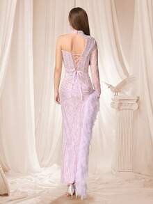 VIPGIRL Elegant & Luxurious Lavender Off Shoulder Evening Gown - Asymmetrical High Neck Cutout Design, All-Over Iridescent Sequin Embellishments, Fitted Bodycon Silhouette & Dramatic Tiered Tulle Ruffle High Slit Hem | Perfect For Gala Dinners, Red Carpet Events, Wedding Receptions, Prom Nights Spring Party - Mauve Purple - View 7