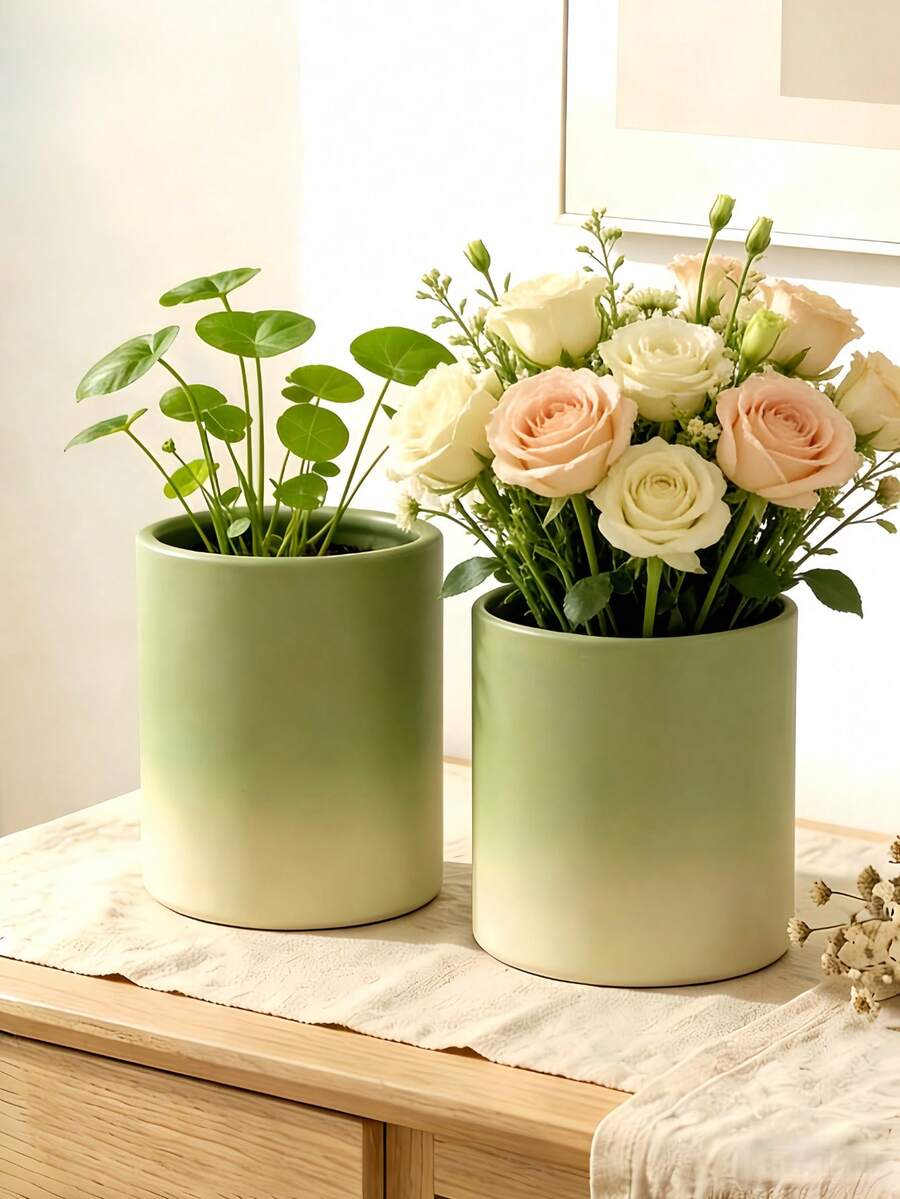 1 chậu cây hình trụ màu xanh ombre, kiểu dáng Bắc Âu, dùng để bàn. - ống thẳng màu xanh lá cây chuyển sắc - Xem 1