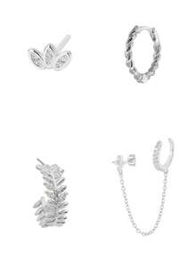 4件套精美24K镀金立方氧化锆耳环套装，女士锆石花朵耳钉套装，链条耳环叠戴 - 4pcs/set - 查看 6