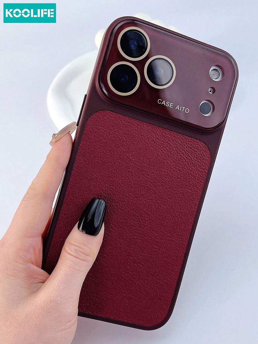 Solid Color Burgundy Leather Koolife 1pc Leather Texture Phone Case With Large Window, PC+PU Leather Material, Raised Lens Protection And Built-In Lens Film, Shock-Resistant And Fashionable Design, Compatible With IPhone 17/17 Pro/17 Pro Max Spring Gift