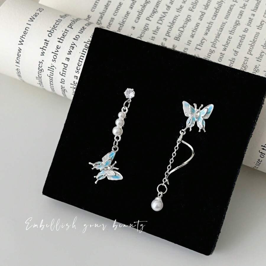 Women Dangle Earrings - Blue Pearl Butterfly - View 1