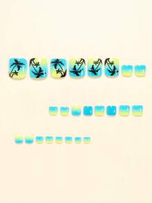 Bộ 24 móng giả vuông ngắn mùa hè, họa tiết cây dừa cổ điển thanh lịch, màu xanh da trời và vàng nhạt phối bóng, kiểu nhuộm tie-dye, tôn dáng, thời trang đa năng cho hẹn hò, tiệc tùng, mùa xuân/hè, phù hợp cho phụ nữ và bé gái, sử dụng hàng ngày. Bộ móng giả dán có thể tháo rời kèm gel dẻo và dũa, màu gel dẻo ngẫu nhiên. - Nhiều màu - Xem 3
