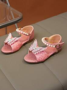 2026 New Girls Glitter Butterfly + Pearl Embellished Glossy Leather Platform Open Toe Hook And Loop Princess Style Children Flat Sandals, Suitable For Daily Wear/Party - Pink - View 5
