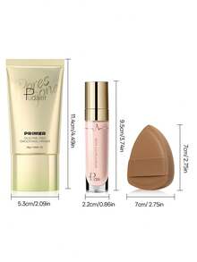 Pudaier 3-Piece Perfector Makeup Set: Primer + Foundation + Makeup Sponge, Long-Lasting And Smudge-Proof, Brightens Complexion, Refines Pores, Waterproof And Sweat-Resistant, Suitable For All Skin Types, Ideal For Daily Commute And Dates - 01 - View 3