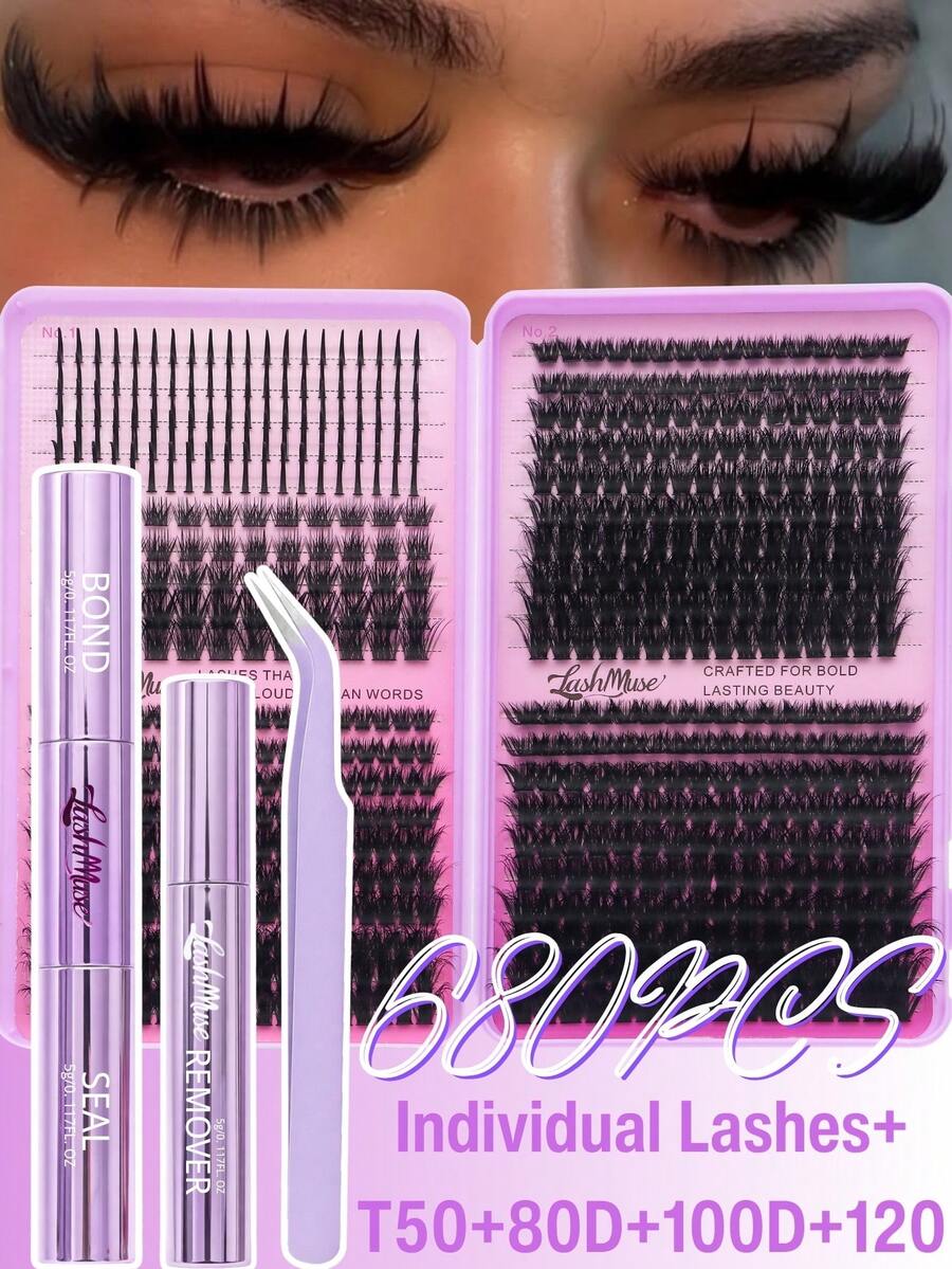 1360PCS/680PCS DIY Natural Fluffy Multi-Eyelash Book Set, 30D/40D/50D+60D+80D+100D D Curl Faux Mink Lashes 0.31–0.63inch, Includes Lash Glue, Tweezers & Brush, Thin & Thick Individual Lash Clusters, Comfortable DIY Eyelash Extensions For Beginners, Perfect For Valentine's Day, Christmas, Mother's Day, Daily Makeup, Wedding, Party, Halloween, New Year, Eye Lash Clusters, Individual Eyelashes, Lashes, Fake Lashes