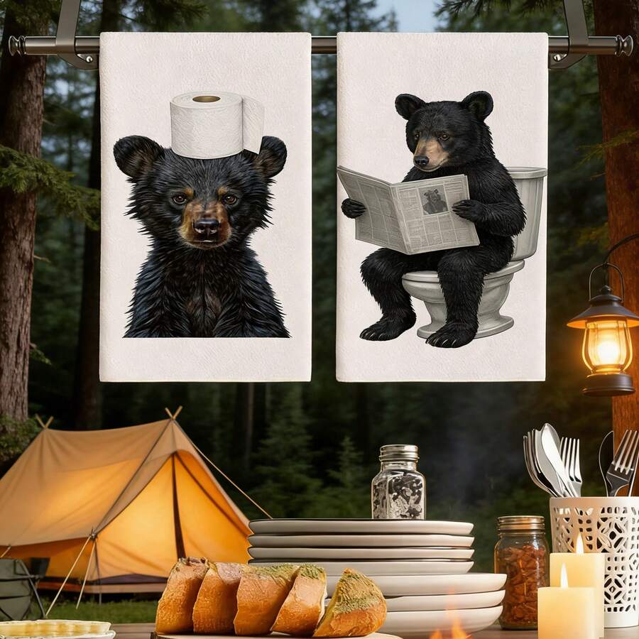 1pc Black Bear Pattern Kitchen Towel, Bathroom Towel, Dish Cloth, Cute Style, Absorbent & Quick Drying, Super Soft Microfiber Material, Rectangular 40*60CM Digital Printing, Suitable For Home Kitchen Decor, Outdoor Party Decoration