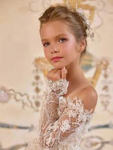 Elegant Sweetie Organza Puff-Sleeve Bow-Detail Ceremony Dress Princess Pageant Organza Gown For Party Ball Events, First Ceremony Dress, Tween Princess Ceremony Outfit, Birthday, Wedding Or Photoshoot Ensemble, Dance Performance Gown, Piano Performance Outfit, Perfect For Shows, Holiday Parties, Festive Vacations, Pageant Looks, Prom-Style Events And Special Celebrations - trắng - Xem 4