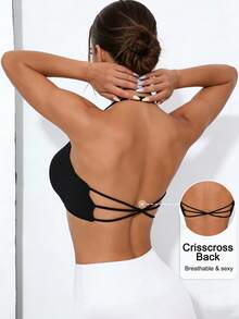 Damen Sexy Sport-BH mit tiefem V-Ausschnitt, verstellbarem Neckholder, abnehmbaren Polstern, atmungsaktives Tanktop für alle Jahreszeiten - Schwarz - Übersicht 6