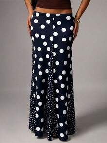 Chân váy dài chấm bi nữ mùa xuân/hè mới, thanh lịch và thoải mái - Thiết kế xẻ tà phối nhiều mảng màu, họa tiết chấm bi pha trộn, xếp ly eo, dáng chữ A nhẹ, chất liệu vải dệt kim mỏng co giãn. - Nhiều màu - Xem 5