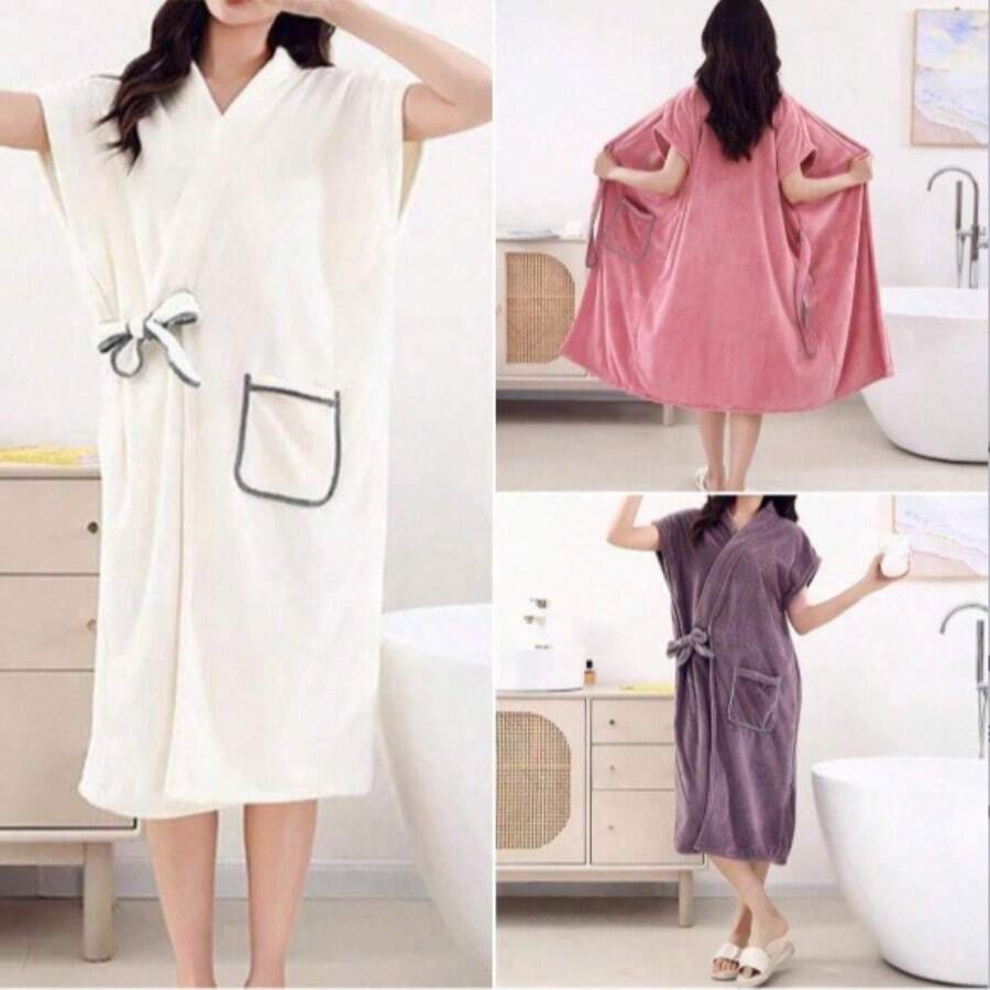 Áo choàng tắm không tay (1 chiếc), chất liệu microfiber, mềm mại và thân thiện với da, thấm hút cao, không phai màu, không rụng lông, thích hợp sử dụng tại nhà, khách sạn, spa, đồ ngủ bốn mùa, áo choàng tắm đa năng. - Nhiều màu - Xem 1
