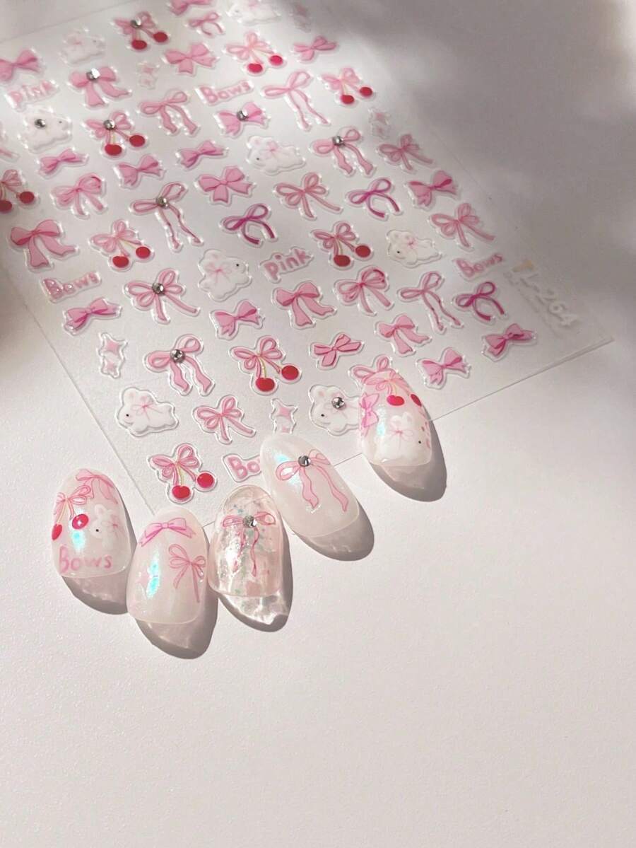 99PC Luxury Shiny Crystal Rhinestone Nail Stickers, New 3D Stereo Embossed Bow Self-Adhesive Nail Art Decals, Waterproof Easy Paste Manicure Decorations, Elegant Glam Design Nail Accessories Suitable For Daily Wear, Weddings, Parties, Banquets, Dates And Festive Occasions, Premium DIY Nail Art Supplies For Women, Girls And Nail Salons, Perfect For Matching Press On Nails And Natural Nail Decoration - 粉色 - 查看 1