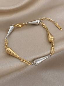 1pc Dual-Tone Water Drop Shaped Chain Link Bracelet For Women, Suitable For Summer Boho Beach, Stainless Steel Material, Ideal Gift For Mom, Suitable For Daily, Party, Wedding, Valentine's Day, Anniversary, Music Festival, Christmas, Date, Easter And Other Occasions - Multicolor - View 9