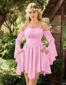 Womens Renaissance Fairy Dress A Line Boho Off Shoulder Corset Dress With Pockets - Baby Pink - View 5