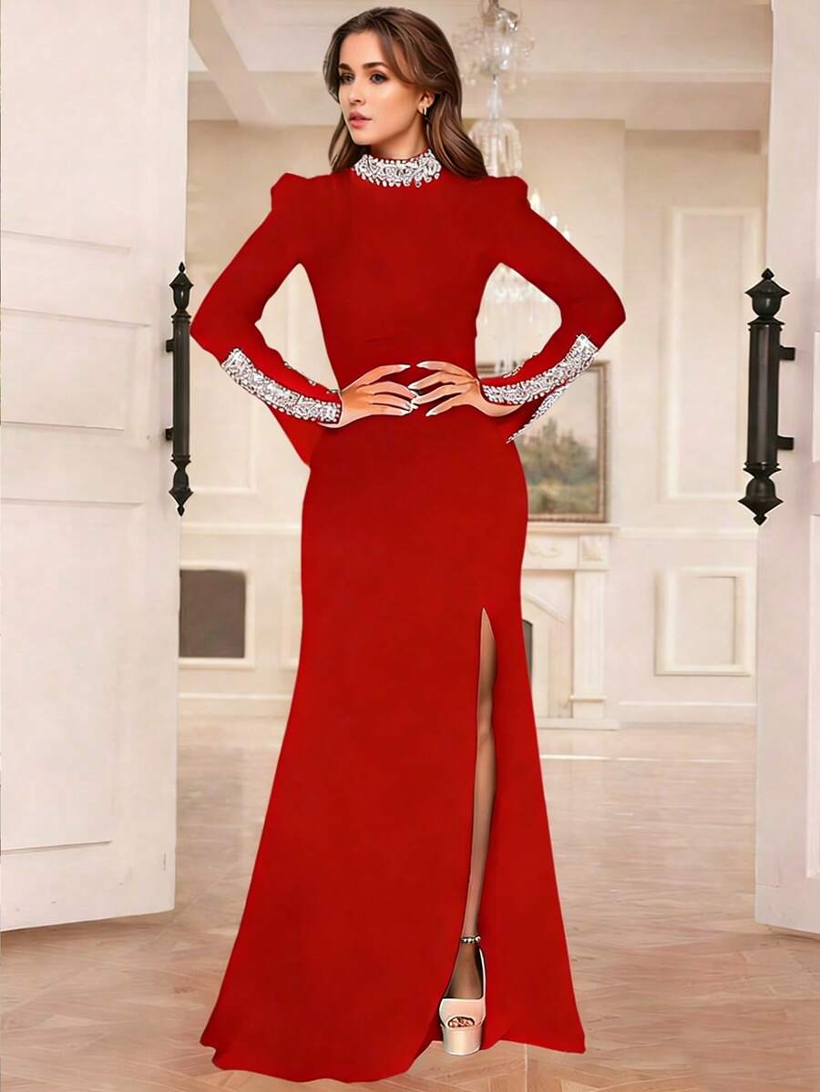 Đầm maxi ôm sát dài tay cổ cao màu đen đính đá, xẻ tà, thanh lịch dành cho nữ dự tiệc dạ hội, đám cưới, sinh nhật, lễ tốt nghiệp, tiệc mùa xuân. - Đỏ - Xem 1