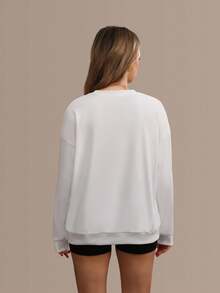 Sudadera holgada de mujer con caída de hombros - Sudadera de cuello redondo de manga larga de unicolor, adecuada para primavera y otoño | Sudadera deportiva holgada y casual - Blanco - Ver 4