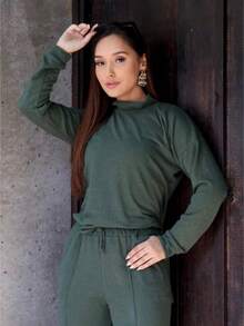 Women's Woolen Set - Pants And Turtleneck Top - Winter - 軍綠色 - 查看 1