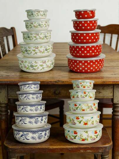 5pcs Vintage Floral Enamel Bowls With Lids, Multipurpose For Food Storage, Heating, Outdoor Picnic, Camping, Party, Gifts For Friends And Family