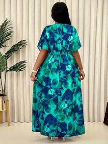 BIUBIU Plus Size Women's Blue & Green Floral V-Neck Batwing Sleeve Cinched Waist Loose A-Line Maxi Dress, Bohemian Style Casual Holiday Dress Vacation Elegant Summer - Dark Green - View 2