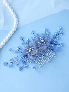 Lược cài tóc đính hoa vải màu xanh dương dành cho nữ, kẹp tóc cô dâu thủ công, phụ kiện đội đầu thanh lịch mang phong cách retro cho đám cưới, tiệc tùng. - Màu xanh lam - Xem 4