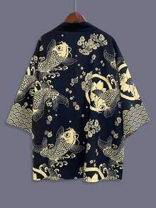 宽松街头风休闲衬衫上衣，七分袖，日式动漫角色扮演和服罩衫，轻薄夏季防晒外套，复古锦鲤印花，男女情侣款 - 黑色 - 查看 2