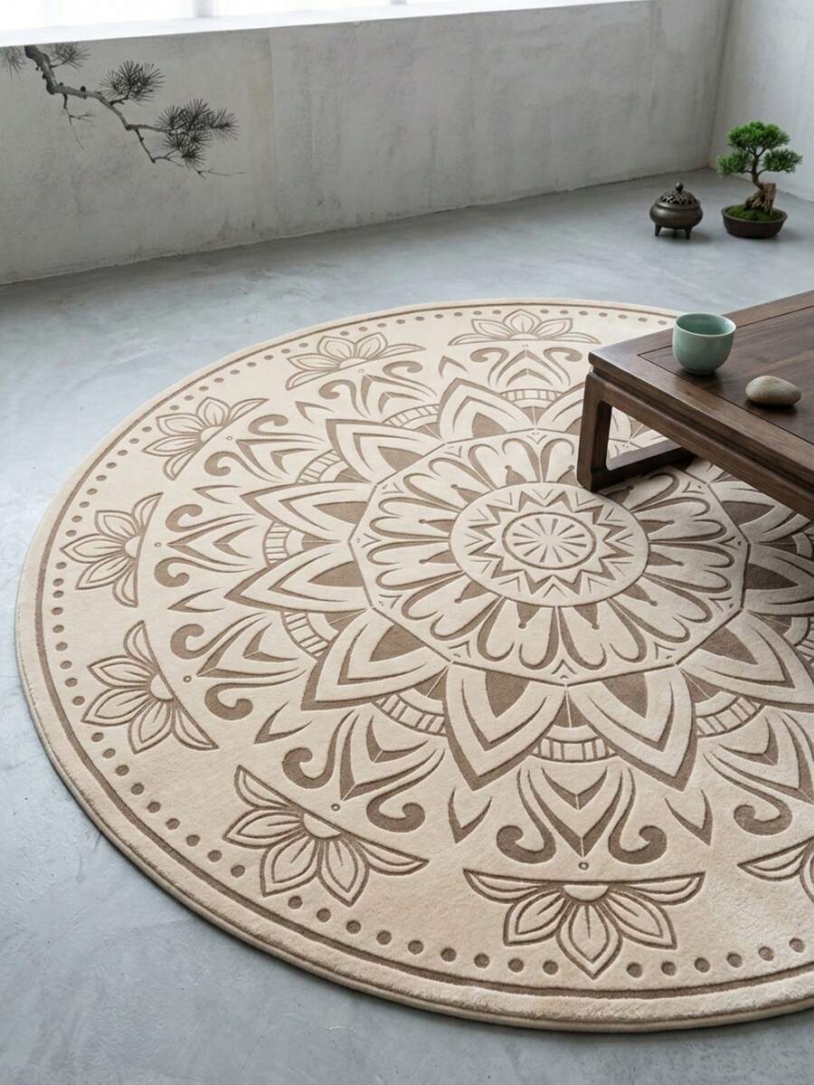 1 pieza Alfombra de área floral redonda beige, de lana sintética, alfombra espesa y esponjosa, alfombra de otoño/invierno, alfombra decorativa, decoración de dormitorio, alfombra pequeña, alfombra, decoración del hogar, alfombra de sala de estar, alfombra pequeña de sala de estar, alfombra de dormitorio, decoración del hogar de sala de estar, alfombra de exterior, alfombra lavable - Multicolor - Ver 1