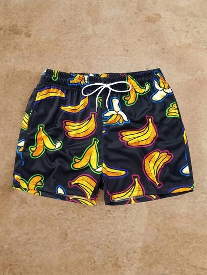 Men's Banana Pattern Graphic Drawstring Shorts,Men Swim Trunk, Swim Trunks With Drawstring Waistband Summer Beach Vacation Quick Dry Shorts