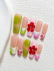 10Pcs Sweet And Lively Style Handmade Nail Art Set,Unghie Press On,Five Petal Flower Nail Art Decorations,Green And Pink Nail Polish,Includes Nail Tools,3 Sizes Available,Almond Nails , Duck Nails,Coffin Nails For Party, Dance, Daily Wear. - 彩色 - 查看 16