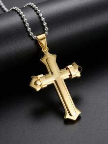 1pc Minimalist Business Men's Polished Stainless Steel Double Layer Cross Pendant Necklace, Smooth 3D Spliced Cross Bead Chain, Versatile Metal Jewelry Gift For Dad And Boyfriend - Cross Pendant - View 6