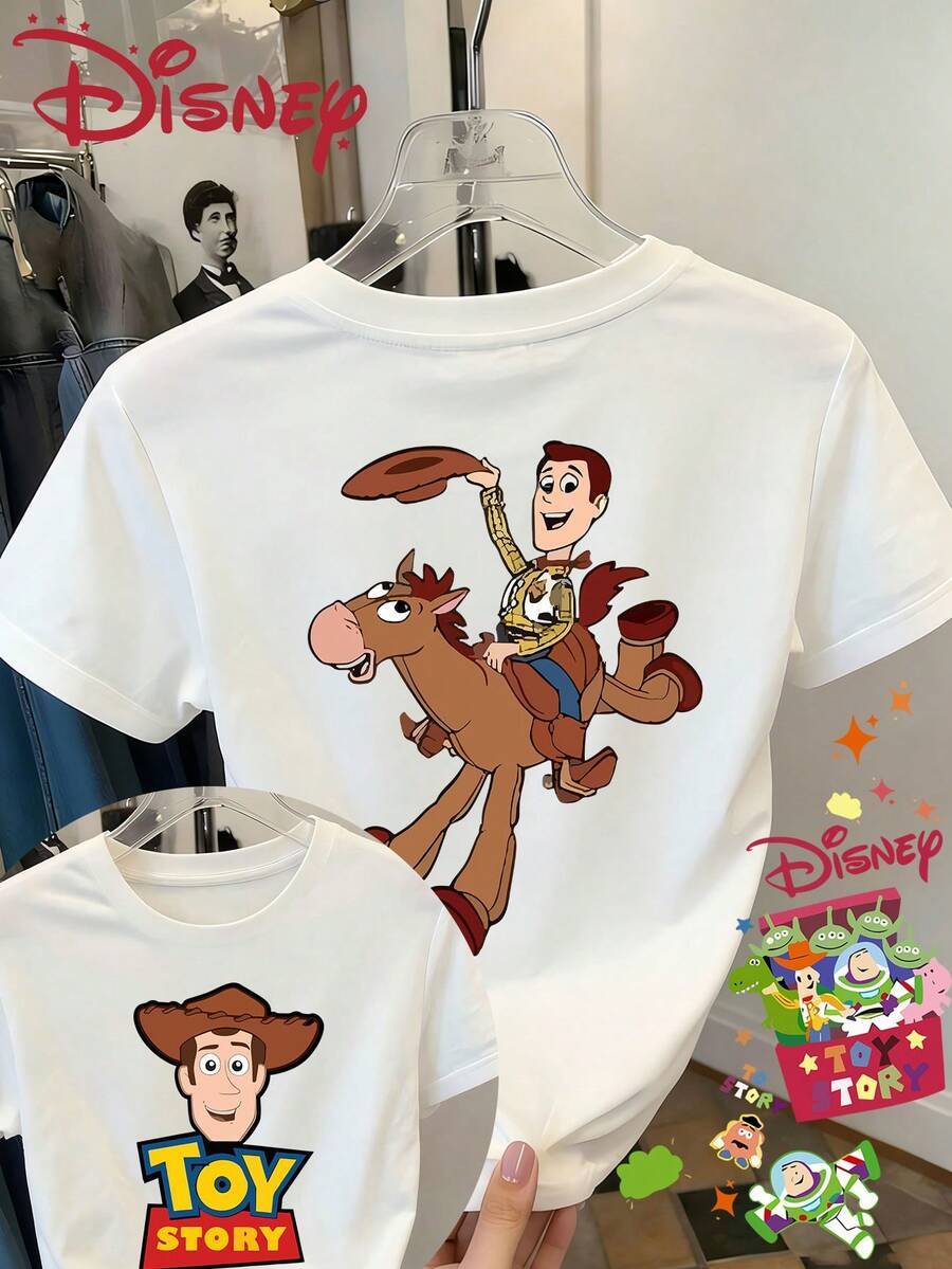 Disney Summer Clothing Toy Woody Red Heart Horse Double-Sided Printed Round Neck Short Sleeved Women's T-Shirt, Versatile Retro Casual Sexy Cute Vacation Style, Suitable For Outdoor Wear - 白色 - 查看 1