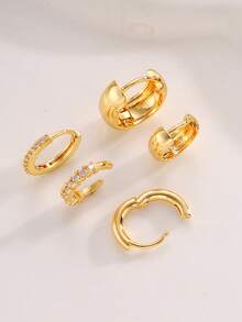 5pcs/Set Women's Gold Hoop Earrings Set, Copper With Zirconia Stone, Hypoallergenic, Petite Sleek Design, Lightweight & Thick, Fashion Versatile, Suitable For Multiple Piercings, Great For Beach, Date, Party, Holiday, Birthday Gift, Daily Wear - Yellow Gold - View 4